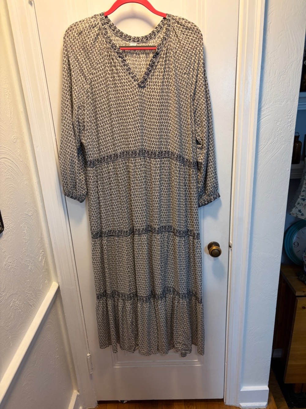Boho Tiered V-Neck  Dress in Beige and Navy